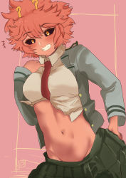 Rule 34 | +++, 10s, 1girl, ashido mina, black sclera, blazer, boku no hero academia, breasts, clothes lift, colored sclera, colored skin, dutch angle, grin, groin, hair between eyes, hand on own ass, hand up, highres, horns, jacket, lifted by self, long sleeves, looking at viewer, medium breasts, medium hair, messy hair, navel, no panties, open clothes, open jacket, orange eyes, pink hair, pink skin, school uniform, shirt, shirt lift, skirt, smile, solo, stomach, undressing, upper body, white shirt, zd (pixiv6210083)