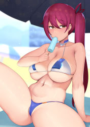 Rule 34 | 1girl, arm support, beach umbrella, bikini, blush, borrowed character, breasts, food, hair ribbon, highres, holding, holding food, large breasts, lk (lk00), long hair, looking at viewer, mat, moebell, multicolored bikini, multicolored clothes, navel, new (lk), original, popsicle, purple hair, ribbon, side ponytail, solo, spread legs, swimsuit, umbrella, yellow eyes