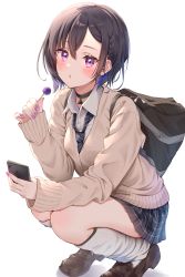Rule 34 | 1girl, :o, bag, black choker, black hair, black necktie, black skirt, blue hair, blush, braid, brown cardigan, brown footwear, candy, cardigan, cellphone, choker, collared shirt, commentary request, fingernails, food, highres, holding, holding food, holding phone, ichinose uruha, kneehighs, loafers, lollipop, long fingernails, long sleeves, looking at viewer, lupinus virtual games, miniskirt, multicolored hair, nail polish, necktie, parted lips, phone, pink nails, plaid, plaid skirt, purple hair, school bag, school uniform, shirt, shoes, short hair, simple background, skirt, smartphone, socks, solo, squatting, striped necktie, striped neckwear, toki (toki ship8), two-tone hair, virtual youtuber, vspo!, white background, white shirt, white socks, wing collar