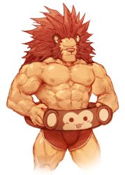 1boy abs animal_ears bara biceps bulge cat_nose character_print commentary_request data_(mega_man) furry furry_male goshiki highres holding_floatie inflatable_toy leo_(warzard) lion_boy lion_ears lion_mane male_focus male_swimwear muscular muscular_male nipples pectorals red_male_swimwear scar scar_on_face scar_on_nose short_shorts shorts topless_male veins veiny_arms warzard white_background