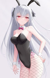 Rule 34 | 1girl, bare shoulders, black pantyhose, black ribbon, bow, bowtie, breasts, closed mouth, commentary request, cowboy shot, detached collar, fishnet pantyhose, fishnets, grey hair, hair between eyes, hair ribbon, highres, legs together, leotard, long hair, looking at viewer, medium breasts, naga (pixiv70891418), original, paid reward available, pantyhose, playboy bunny, purple bow, purple bowtie, purple ribbon, red eyes, ribbon, simple background, solo, standing, strapless, strapless leotard, two side up, very long hair, wrist cuffs