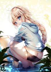 Rule 34 | 1girl, ahoge, ass, ball, beachball, bikini, black bikini, black hairband, black scrunchie, blonde hair, blue eyes, blue jacket, blush, bottle, braid, breasts, butt crack, commentary request, covered erect nipples, dappled sunlight, day, duplicate, fate/grand order, fate (series), hair between eyes, hair ornament, hair scrunchie, hairband, head tilt, holding, holding bottle, hood, hood down, hooded jacket, jacket, jeanne d&#039;arc (fate), jeanne d&#039;arc (ruler) (fate), jeanne d&#039;arc (swimsuit archer) (fate), jeanne d&#039;arc (swimsuit archer) (first ascension) (fate), long hair, long sleeves, looking at viewer, looking back, medium breasts, open clothes, open jacket, outdoors, parted lips, plant, revision, scrunchie, single braid, sleeves past wrists, soaking feet, solo, squatting, sunlight, swimsuit, yan (nicknikg)