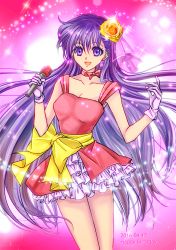 Rule 34 | 10s, 1girl, 2016, bad id, bad pixiv id, bishoujo senshi sailor moon, bow, breasts, choker, cleavage, dated, dress, earrings, flower, frilled dress, frills, gloves, hair flower, hair ornament, happy birthday, hino rei, idol, jewelry, long hair, microphone, open mouth, purple eyes, purple hair, red dress, ribbon, short dress, smile, solo, sparkle, tsukasaki ryouko, very long hair, waist bow, white gloves