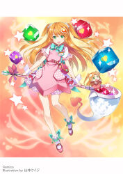 Rule 34 | 2girls, amiami (company), amico, bow, bowtie, dress, frilled dress, frills, full body, green eyes, hair between eyes, hair ornament, heart, highres, holding, holding staff, long hair, mini person, minigirl, multiple girls, official art, open mouth, orange hair, pink footwear, shoes, short hair, simple background, socks, staff, star (symbol), two side up, yamamoto keiji