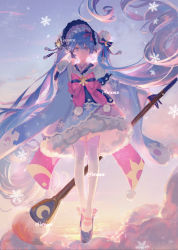 Rule 34 | 1girl, above clouds, blue eyes, blue footwear, blue gloves, blue hair, bonnet, bow, cloud, crescent, dress, floating, full body, fur-trimmed dress, fur trim, gloves, gradient legwear, hair bow, hatsune miku, highres, holding, japanese clothes, lolita fashion, parted lips, pink bow, pom pom (clothes), ribbon, shoes, snowflake print, snowflakes, solo, thighhighs, twintails, two-tone bow, two-tone ribbon, vocaloid, wnmuwnmu, yuki miku, yuki miku (2023)