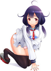 Rule 34 | 10s, 1girl, ahoge, all fours, arm support, black pantyhose, blue hair, blush, clog sandals, clothes pull, jewelry, kantai collection, kneeling, long hair, magatama, necklace, okobo, panties, pantyhose, pantyhose pull, pantyshot, pink panties, red eyes, sakai hamachi, sandals, school uniform, serafuku, smile, solo, taigei (kancolle), underwear, whale, white background