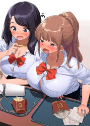 Rule 34 | 2girls, black hair, black skirt, blush, bow, bowtie, bra, bra peek, breasts, brown hair, cleavage, collarbone, commentary request, cup, disposable cup, drinking straw, fang, food, french fries, hair ornament, hairclip, inconvenient breasts, kaisen chuui, large breasts, long hair, multiple girls, open mouth, original, ponytail, red bow, school uniform, shirt, simple background, skirt, underwear, white background, white shirt