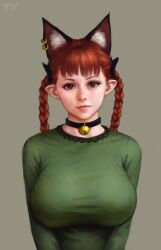 Rule 34 | 1girl, animal ear fluff, animal ear piercing, animal ears, bell, black bow, blunt bangs, bow, braid, breasts, cat ears, closed mouth, collar, dress, expressionless, extra ears, freckles, green dress, grey background, hair bow, head tilt, highres, huge breasts, jingle bell, kaenbyou rin, lace trim, long hair, long sleeves, looking at viewer, non-web source, pointy ears, realistic, red eyes, red hair, simple background, solo, touhou, twin braids, upper body, yyf (seaknight)