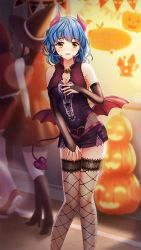 Rule 34 | 1girl, black sleeves, blue hair, blurry, blurry background, blush, breasts, bridal gauntlets, cleavage, collarbone, demon tail, detached sleeves, doukyuusei 2, doukyuusei another world, embarrassed, game cg, halloween, halloween costume, horns, large breasts, leotard, long hair, long sleeves, microskirt, official art, open mouth, pumpkin, purple leotard, purple skirt, red wings, skirt, solo focus, tail, thighhighs, wings, yasuda azumi, yellow eyes