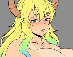 Rule 34 | 1girl, breasts, cleavage, dragon girl, dragon horns, heterochromia, highres, horns, huge breasts, jmg, kobayashi-san chi no maidragon, long hair, looking at viewer, lucoa (maidragon), multicolored hair, naughty face, out-of-frame censoring, profile, smile, solo, tan, tanline