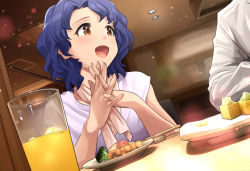 Rule 34 | 1boy, 1girl, :d, bad id, bad pixiv id, blouse, blue hair, blush, breasts, broccoli, brown eyes, ceiling light, chopsticks, cup, drink, drinking glass, food, hanamasa ono, highres, ice, idolmaster, idolmaster million live!, indoors, lavender shirt, light particles, long sleeves, looking to the side, medium breasts, open mouth, own hands together, pink scarf, plate, restaurant, scarf, shirt, short hair, short sleeves, sitting, skewer, smile, toyokawa fuka, upper body, white shirt