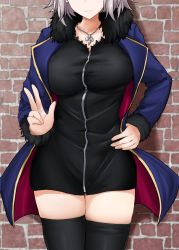 Rule 34 | 1girl, black dress, blue jacket, breasts, brick wall, collarbone, dress, fate/grand order, fate (series), fur-trimmed jacket, fur trim, grey hair, hand on own hip, head out of frame, highres, jacket, jeanne d&#039;arc alter (fate), jeanne d&#039;arc alter (ver. shinjuku 1999) (fate), large breasts, medium hair, over-kneehighs, poshi (ginmokusei), smile, solo, thighhighs, w, zettai ryouiki