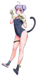 Rule 34 | 1girl, ahoge, animal hands, bell, blue one-piece swimsuit, blunt bangs, blush, breasts, cameltoe, cat paws, cat tail, covered navel, double bun, full body, grey one-piece swimsuit, hair bun, highres, jingle bell, leg belt, looking at viewer, neck bell, official alternate costume, one-piece swimsuit, parted lips, paw pose, purple eyes, purple hair, sandals, simple background, small breasts, solo, sophie (tales), swimsuit, tail, tales of (series), tales of graces, thigh strap, usagi nagomu, white background