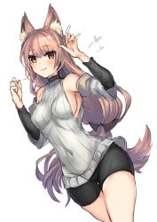 Rule 34 | 1girl, animal ears, bike shorts, black bow, blush, bow, breasts, brown eyes, brown hair, closed mouth, dutch angle, fox ears, fox shadow puppet, fox tail, grey sweater, hair bow, hands up, heart, long hair, looking at viewer, low-tied long hair, medium breasts, original, ribbed sweater, shikino yuki, sideboob, simple background, sleeveless, smile, solo, sweater, tail, very long hair, white background