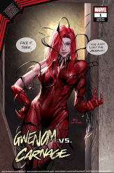 Rule 34 | 1girl, breasts, carnage (marvel), claws, closed mouth, english text, evil smile, green eyes, hand on own hip, highres, in-hyuk lee, large breasts, long hair, looking at viewer, marvel, mary jane watson, possessed, possession, red hair, red lips, smile, solo, speech bubble, spider-man (series), symbiote, watermark, web address, western comics (style)