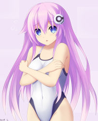 Rule 34 | 1girl, blue eyes, blush, choujigen game neptune, collarbone, competition swimsuit, covered navel, covering privates, covering breasts, cowboy shot, d-pad, embarrassed, hair ornament, highres, keenh, long hair, nepgear, neptune (series), new school swimsuit, one-piece swimsuit, purple hair, purple sister, school swimsuit, shin jigen game neptune vii, solo, swimsuit, white one-piece swimsuit