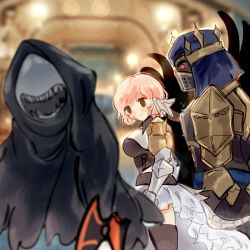 Rule 34 | 1boy, 1girl, 1other, armor, armored dress, au ra, bisexual, blurry, blurry background, dark knight (final fantasy), distracted boyfriend (meme), dragon horns, dragon tail, fangs, fenrishion, final fantasy, final fantasy xiv, fray myste, glowing, highres, hood, horns, looking at another, looking back, mask, meme, monster, pink hair, reaper (final fantasy), red eyes, shadow, short hair, smile, tail, voidsent, warrior of light (ff14)