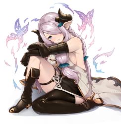 Rule 34 | 10s, 1girl, asymmetrical footwear, bare shoulders, black gloves, blue eyes, boots, braid, breasts, bug, butterfly, butterfly hair ornament, demon horns, draph, elbow gloves, female focus, fingerless gloves, full body, gloves, granblue fantasy, hair ornament, hair over one eye, highres, horns, bug, large breasts, light purple hair, long hair, mismatched footwear, narmaya (granblue fantasy), neo-masterpeacer, one eye covered, pointy ears, sideboob, single thighhigh, solo, thigh strap, thighhighs, white background