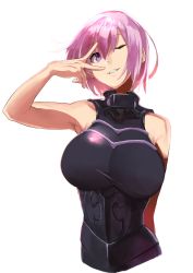 Rule 34 | 1girl, absurdres, bare shoulders, blush, breasts, collar, fate/grand order, fate (series), gloves, grin, hair between eyes, highres, hotate-chan, large breasts, light purple hair, looking at viewer, mash kyrielight, metal collar, one eye closed, plackart, purple eyes, purple gloves, short hair, simple background, smile, solo, v, v over eye, white background