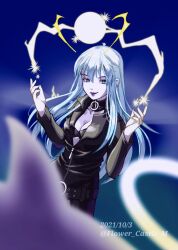 Rule 34 | 1girl, blue eyes, blue hair, bodysuit, breasts, center opening, cleavage, closed mouth, collar, collarbone, dated, devil summoner, flower castle m, lipstick, long hair, looking at viewer, makeup, medium breasts, nemissa, pale skin, simple background, smile, solo, soul hackers