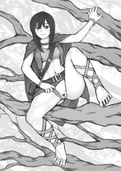 Rule 34 | 1girl, absurdres, arm up, barefoot, belt, blush, bracelet, breasts, cape, closed mouth, clothing aside, collarbone, dodomesu, feet, female focus, female pubic hair, full body, greyscale, have to pee, highres, jewelry, leg up, long hair, looking to the side, midriff, miniskirt, monochrome, navel, original, outdoors, panties, panties aside, pubic hair, pussy, skirt, small breasts, solo, spread legs, strapless, sweat, tree, tube top, uncensored, underwear, vest