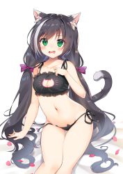 Rule 34 | 1girl, animal ear fluff, bare arms, bare shoulders, bed sheet, black bra, black hair, black panties, blush, bow, bra, breasts, cat cutout, cat ear panties, cat lingerie, cleavage, cleavage cutout, clothing cutout, collarbone, commentary request, fang, frilled bra, frills, green eyes, groin, hair bow, hand up, highres, karyl (princess connect!), kutata, long hair, low twintails, medium breasts, meme attire, multicolored hair, navel, open mouth, panties, petals, princess connect!, purple bow, side-tie panties, sitting, solo, streaked hair, twintails, underwear, underwear only, untied panties, very long hair, white hair