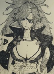 Rule 34 | 1girl, ate5424, baiken, breasts, cleavage, collarbone, eyepatch, female focus, guilty gear, hair between eyes, high ponytail, highres, jacket, jacket on shoulders, katana, large breasts, long hair, looking at viewer, monochrome, pale skin, parted lips, scar, scar across eye, scar on face, scowl, sheath, sheathed, solo, solo focus, sword, tagme, very long hair, weapon