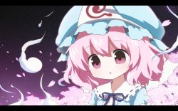 Rule 34 | 1girl, cherry blossoms, child, female focus, ghost, hat, hitodama, letterboxed, open mouth, petals, pink eyes, pink hair, ribbon, saigyouji yuyuko, short hair, solo, tona (nekotte), touhou, triangular headpiece