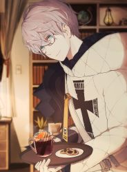 Rule 34 | 1boy, armor, belt, belt buckle, black-framed eyewear, blue eyes, book, bookshelf, brown belt, buckle, closed mouth, cookie, cup, curtains, fate/grand order, fate/grand order arcade, fate (series), food, gauntlets, glasses, gloves, grey hair, hair between eyes, highres, holding, holding tray, hood, hood down, indoors, jacques de molay (saber) (fate), knight, long sleeves, looking at viewer, male focus, mixed-language commentary, plate, shoulder armor, smile, solo, tray, upper body, white gloves, white hair, yukiko (yukkyu)