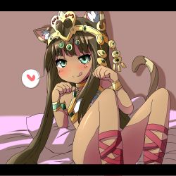 Rule 34 | 1girl, :q, animal ears, bastet (p&amp;d), blush, bracelet, cat ears, cat tail, choker, circlet, dark skin, dark-skinned female, earrings, egyptian, heart, jewelry, kuromu (underporno), letterboxed, long hair, lots of jewelry, paw pose, pillow, puzzle &amp; dragons, smile, solo, spoken heart, tail, tongue, tongue out