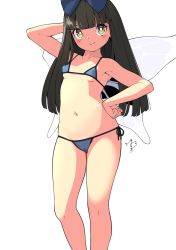 Rule 34 | 1girl, bare arms, bare legs, bare shoulders, bikini, blue bikini, blue bow, blunt bangs, blush, bow, breasts, brown eyes, brown hair, closed mouth, collarbone, fairy, fairy wings, feet out of frame, hair bow, huxiao (mistlakefront), long hair, micro bikini, navel, signature, simple background, small breasts, smile, solo, star sapphire, swimsuit, touhou, white background, wings