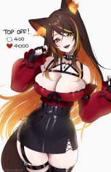 Rule 34 | absurdres, animal ears, breasts, chest harness, choker, detached sleeves, harness, highres, indie virtual youtuber, large breasts, like and retweet, meme, o-ring, o-ring thigh strap, orange eyes, orange hair, ribbon, sinder (vtuber), skindentation, tail, thigh strap, thighhighs, tight top, tofuubear, twitter strip game (meme), virtual youtuber, wolf ears, wolf girl, wolf tail