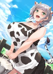 Rule 34 | 1girl, animal ears, animal print, apron, bare shoulders, black dress, blue sky, blunt bangs, blush, breasts, bucket, cleavage, collarbone, cow ears, cow horns, cow print, cow tail, curvy, dress, fence, green eyes, highres, hololive, hololive fantasy, horns, large breasts, looking at viewer, milk, moisture (chichi), open mouth, shirogane noel, shirogane noel (casual), short braid, short hair, silver hair, sky, smile, solo, tail, virtual youtuber, white apron, wooden fence