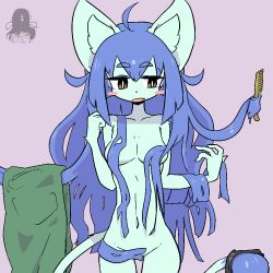 Rule 34 | 1girl, blue hair, cat, female focus, furry, furry female, long hair, nude, open mouth, pink background, simple background, solo, the amboina, upper body, yellow eyes