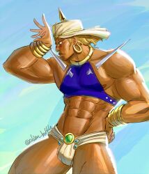 Rule 34 | 1boy, abs, absurdres, bara, battle tendency, blonde hair, bulge, dark-skinned male, dark skin, demonicboimike, earrings, facial hair, feet out of frame, from side, gold, highres, hoop earrings, jewelry, jojo no kimyou na bouken, large pectorals, loincloth, male focus, mature male, midriff, muscular, muscular male, navel, nipple slip, nipples, pectorals, profile, sideburns stubble, sidepec, solo, stomach, stubble, thick eyebrows, thick thighs, thighs, turban, wamuu