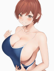 Rule 34 | 1girl, :d, absurdres, bare arms, bare shoulders, blue one-piece swimsuit, breasts, brown eyes, brown hair, cleavage, clothes pull, collarbone, competition swimsuit, grin, highres, large breasts, looking at viewer, neneneji, one-piece swimsuit, one-piece swimsuit pull, open mouth, original, short hair, simple background, skindentation, smile, solo, swimsuit, teeth, white background