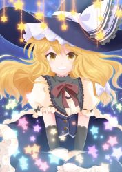 Rule 34 | 1girl, black gloves, blonde hair, blush, cover, cover page, elbow gloves, embellished costume, gloves, grin, hair ribbon, hat, highres, kirisame marisa, layered clothes, long hair, looking at viewer, nonoko (capsule-nnk), puffy short sleeves, puffy sleeves, ribbon, short sleeves, skirt, smile, solo, star (symbol), touhou, tress ribbon, underbust, vest, wavy hair, white gloves, witch hat, yellow eyes