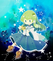 Rule 34 | 1girl, bare shoulders, blue eyes, blue skirt, brown footwear, cancer (constellation), commentary request, constellation, detached sleeves, frog hair ornament, gemini (constellation), green hair, hair ornament, hair tubes, kochiya sanae, leo (constellation), libra (constellation), long hair, moyo (amaniwa), one-hour drawing challenge, ribbon, skirt, snake hair ornament, solo, star (symbol), touhou, virgo (constellation), wide sleeves