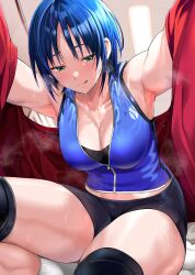 Rule 34 | 1girl, armpits, bike shorts, blue hair, blush, breasts, chicke iii, cleavage, green eyes, highres, indoors, large breasts, looking at viewer, medium hair, muscular, muscular female, original, paid reward available, partially unzipped, sitting, smile, solo, steaming body, sweat, textless version, tongue, tongue out, zipper pull tab
