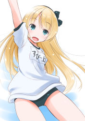 Rule 34 | 1girl, absurdres, arm up, black buruma, blonde hair, blue eyes, buruma, commentary request, cowboy shot, gym uniform, highres, jervis (kancolle), kantai collection, kin-iro mosaic, long hair, looking at viewer, name tag, one-hour drawing challenge, shirt, smile, solo, t-shirt, taisinkoku, white background, white shirt