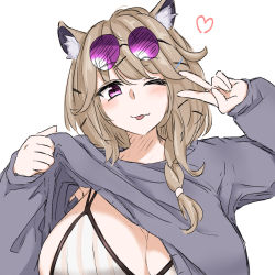 Rule 34 | 1girl, ;), animal ears, arknights, bikini, bikini under clothes, blonde hair, blush, breasts, clothes lift, fang, grey shirt, hair ornament, heart, large breasts, long sleeves, maiq06, official alternate costume, one eye closed, purple eyes, shirt, shirt lift, simple background, skin fang, smile, solo, striped bikini, striped clothes, swimsuit, tail, tongue, tongue out, upper body, utage (arknights), utage (summer flowers) (arknights), v, vertical-striped bikini, vertical-striped clothes, white background