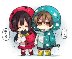 1boy 1girl amamiya_hibiya animal asahina_hiyori black_hair boots brown_eyes brown_hair cat chibi closed_eyes closed_umbrella commentary_request full_body holding holding_animal holding_umbrella hood hood_up hooded_jacket jacket jitome kagerou_project kaho_0102 long_hair long_sleeves low_twintails open_mouth puddle raincoat rubber_boots shorts skirt smile translation_request twintails umbrella water_drop wet