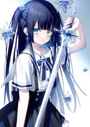 Rule 34 | 1girl, arm up, black hair, black sleeves, blue eyes, blush, closed mouth, collared shirt, commentary request, dress shirt, frilled skirt, frills, highres, holding, holding sword, holding weapon, kazunehaka, long hair, original, pleated skirt, shirt, short sleeves, skirt, solo, suspender skirt, suspenders, sword, two side up, very long hair, weapon, white shirt