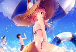 Rule 34 | 1boy, 2girls, animal ears, beach, bikini, black hair, blue bikini, blush, clenched teeth, commentary request, day, ears through headwear, fate/grand order, fate (series), fire, fox ears, fox tail, from side, fujimaru ritsuka (male), hat, horns, innertube, kiyohime (fate), kiyohime (swimsuit lancer) (third ascension) (fate), long hair, looking at viewer, md5 mismatch, multiple girls, one eye closed, outdoors, parted lips, pink hair, ponytail, resolution mismatch, revision, running, shorts, side-tie bikini bottom, smile, source larger, sparkle, straw hat, sun hat, swim ring, swimsuit, tail, tamamo (fate), tamamo no mae (fate/extra), tamamo no mae (swimsuit lancer) (fate), teeth, thighs, umbrella, untied bikini, white hair, yan (nicknikg), yellow eyes