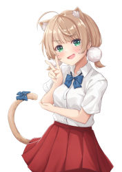 Rule 34 | 1girl, absurdres, animal ears, arm under breasts, blue bow, blush, bow, bowtie, cat ears, cat girl, cat tail, collared shirt, dress shirt, green eyes, hair ornament, highres, indie virtual youtuber, kusana (dudqja602), light brown hair, looking at viewer, low twintails, miniskirt, open mouth, pleated skirt, pom pom (clothes), pom pom hair ornament, red skirt, school uniform, shigure ui (vtuber) (2nd costume), shigure ui (vtuber), shirt, short hair, short sleeves, simple background, skirt, solo, tail, tail bow, tail ornament, twintails, virtual youtuber, white background, white shirt