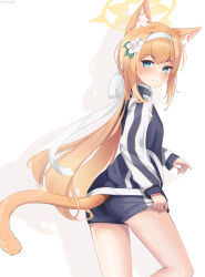Rule 34 | 1girl, absurdres, adjusting clothes, adjusting shorts, animal ears, ass, back, blue archive, blue eyes, cat ears, cat girl, cat tail, commentary request, flower, fosqie, from behind, gym shorts, gym uniform, hair between eyes, hair flower, hair ornament, halo, headband, highres, jacket, long hair, long sleeves, looking at another, looking at viewer, mari (blue archive), mari (track) (blue archive), official alternate costume, orange hair, shorts, sidelocks, simple background, smile, solo, tail, track jacket, white background