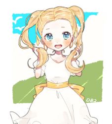 Rule 34 | 1girl, bad id, bad pixiv id, blonde hair, blue eyes, blush, breasts, commentary request, cowboy shot, day, dragon quest, dragon quest builders 2, dress, earrings, holding, holding own hair, hoop earrings, jewelry, long hair, looking at viewer, open mouth, outside border, smile, solo