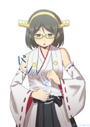 Rule 34 | 1girl, black hair, bottle, collarbone, commentary request, detached sleeves, glasses, grey eyes, hairband, highres, holding, kantai collection, kirishima (kancolle), kirishima kai ni (kancolle), misumi (niku-kyu), nontraditional miko, opening, pleated skirt, short hair, simple background, skirt, solo, translation request, twitter username, white background