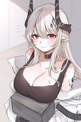 Rule 34 | 1girl, arknights, bare shoulders, blush, breasts, cleavage, hammer, highres, holding, horns, hyeroin, large breasts, long hair, looking at viewer, material growth, mudrock (arknights), oripathy lesion (arknights), pointy ears, red eyes, solo, sweat, white hair