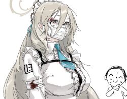 Rule 34 | 1boy, 1girl, ^ ^, akane (blue archive), apron, arms at sides, doodle sensei (blue archive), bandaged arm, bandaged neck, bandages, blonde hair, blood, bloody bandages, blue archive, blue necktie, breasts, broken eyewear, bruise, bruise on face, button gap, center frills, chest harness, closed eyes, collared shirt, colored eyelashes, covered mouth, frills, glasses, grey eyes, hair behind ear, hair between eyes, half-closed eyes, halo, hand on own chin, harness, injury, kawatiw, large breasts, light blush, long bangs, long hair, looking ahead, maid headdress, mask, mouth mask, necktie, partially colored, ryona, sensei (blue archive), shirt, simple background, stroking own chin, surgical mask, sweat, nervous sweating, underbust, upper body, very long hair, waist apron, wavy hair, white background, white shirt